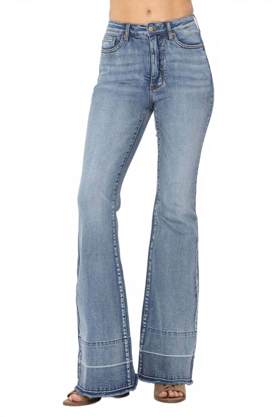 NEW JUDY BLUE high waist tummy control release hem flare jeans in medium blue